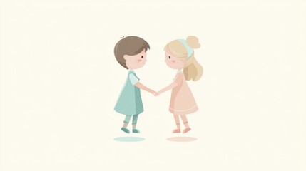 Cute Boy and Girl Holding Hands, Pastel Illustration