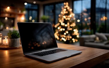 Laptop on table, Christmas tree bokeh