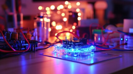 Illuminated circuit board on a table