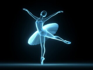 Obraz premium A graceful ballet dancer illuminated in soft blue light.