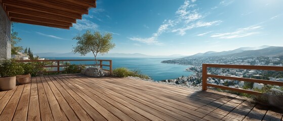 Panoramic ocean view from a wooden deck