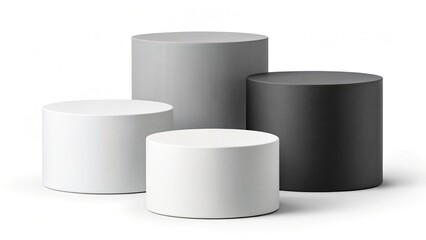 Minimalist Cylindrical Vector Stages in White, Gray, and Black. Flat Scene with Soft Shadows on White Background.

