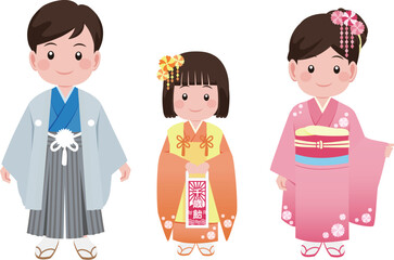 七五三　子供　着物　男の子　女の子　幼児　参拝　日本の行事　並んで立つ子供