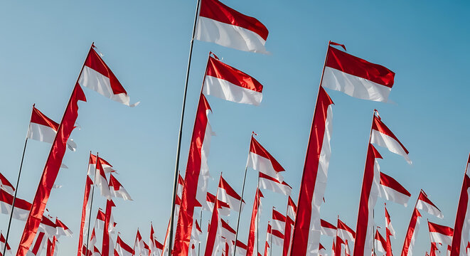 Red and White Flags Wave in Bright Blue Sky A Festive Display