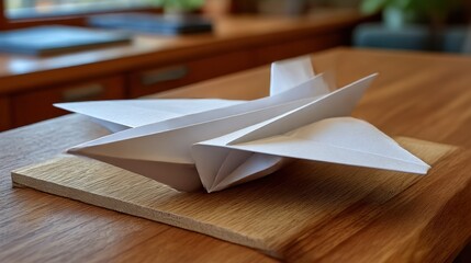 Paper airplane on wooden surface