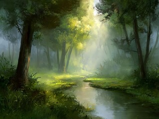 Obraz premium Serene forest landscape with soft light and a flowing stream.