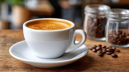 Early espresso with coffee props and caffeine kick concept. Freshly brewed coffee in a stylish cup on a wooden table.