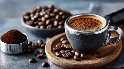 Early espresso with coffee props and caffeine kick concept. A fresh cup of coffee with coffee beans and ground coffee.