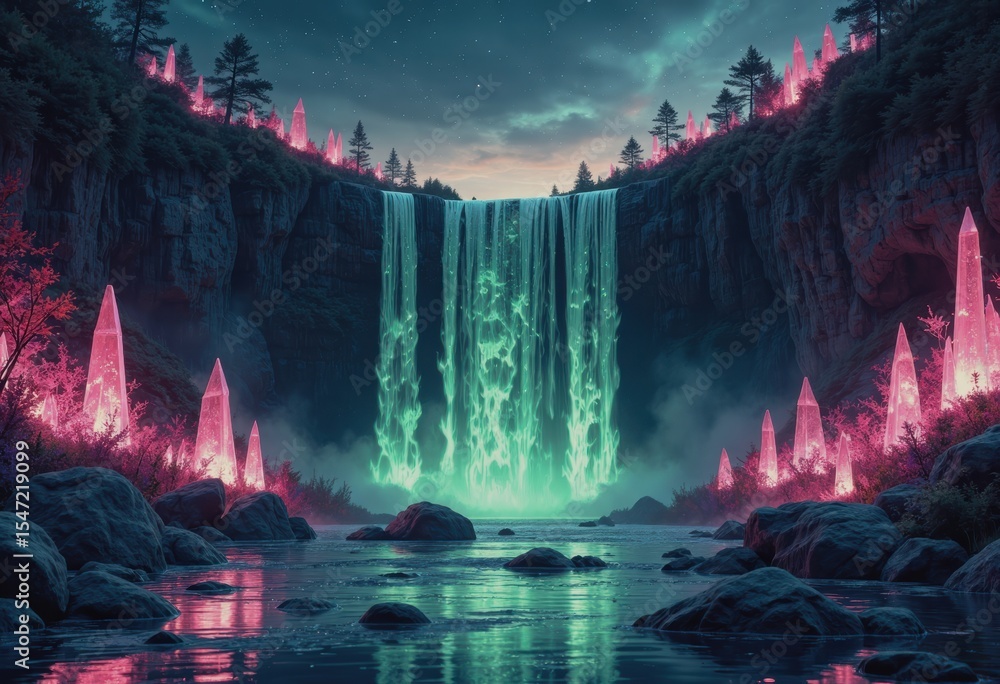 Poster dynamic liquid flow cascading over a vibrant waterfall illuminated by digital light
