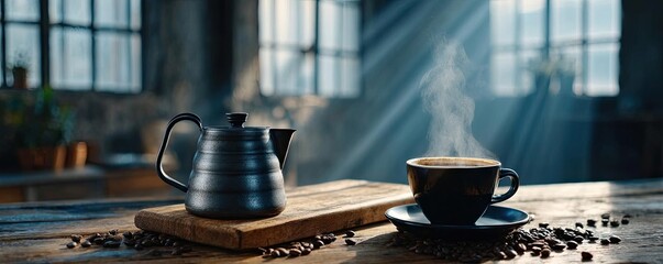 Early brew for caffeine kick and early work coffee concept. A steaming cup of coffee with a sleek kettle on a wooden surface.