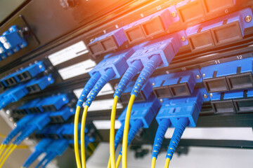 Fiber Optic Cable Connection in Network Rack