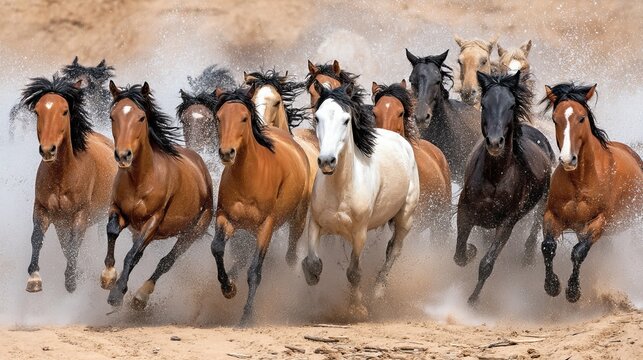 A group of wild horses galloping across a dusty plain with dust clouds rising around their hooves - Powered by Adobe