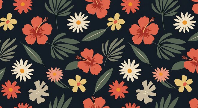 Seamless Flat Vector Floral Pattern &ndash; Minimal Tropical Flowers on Dark Background