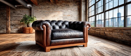 Leather armchair in industrial loft