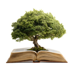 A lush vibrant tree grows from the open pages of a book symbolizing the power of nature knowledge and the transformative potential of learning