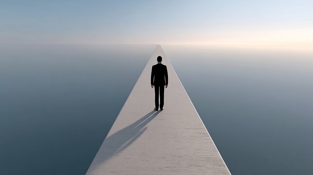 A silhouette of a man walking along a narrow path into a foggy, open sky with a sense of journey and exploration