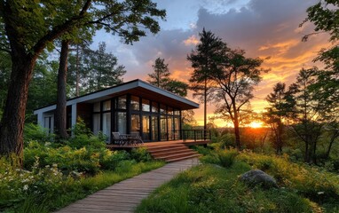 Obraz premium Modern cabin at sunset (1)