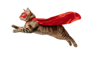 Playful and energetic cat wearing a bright red cape appearing to fly through a plain white studio background with a confident and mischievous expression