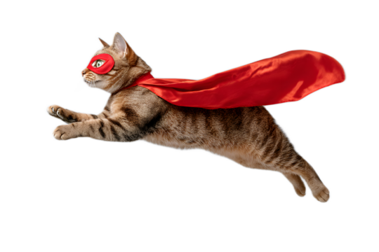Playful and energetic cat wearing a bright red cape appearing to fly through a plain white studio background with a confident and mischievous expression