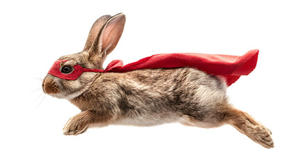 Obraz premium A playful brown rabbit wearing a vibrant red superhero cape captured in a dynamic side profile pose against a bright white background