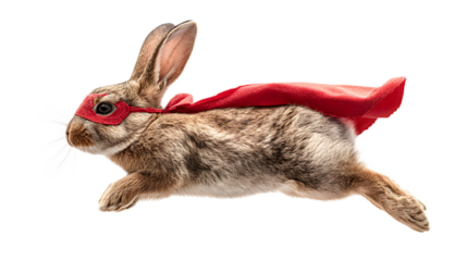 A playful brown rabbit wearing a vibrant red superhero cape captured in a dynamic side profile pose against a bright white background