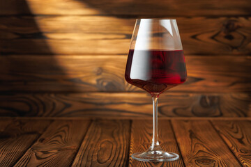 Glass red wine basks in dramatic beam of light, sitting elegantly on rustic wooden table