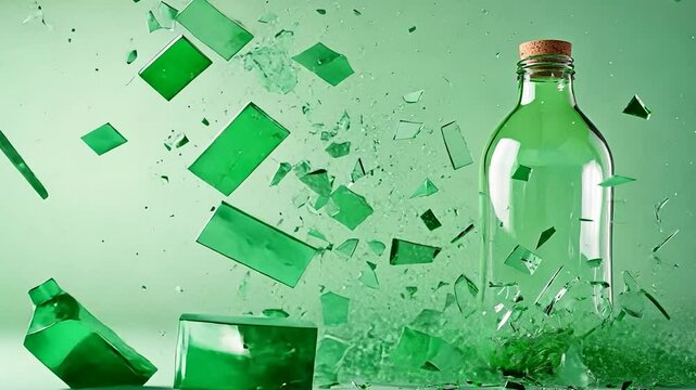 Green glass bottle shattering into fragments with cork top dynamic motion exploding concept breaking destruction change abstract background
