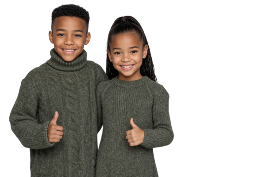 Smiling sister and brother in cozy sweaters giving thumbs up, standing close together and looking happy, isolated on transparent background