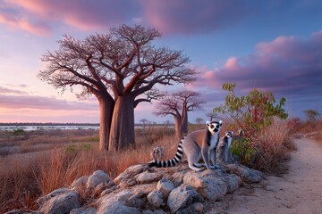 Lemurs at sunset, baobab trees (2)