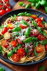 Pasta dish with ground meat, herbs, and tomatoes