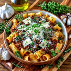 Pasta dish with meat sauce and cheese