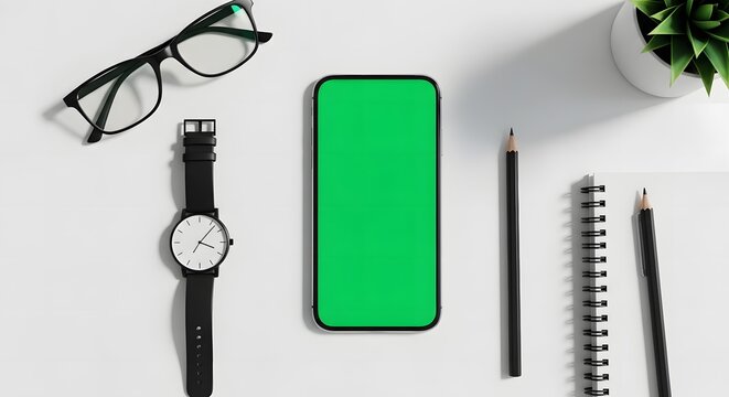 Modern Workspace Mockup Green Screen Smartphone, Accessories, and Minimalist Design
