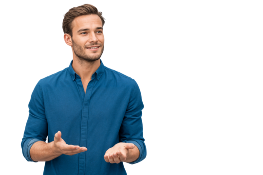 Confident young man explaining with hand gestures, looking away, isolated on transparent background. Ideal for presentations, communication, and business concepts - Powered by Adobe