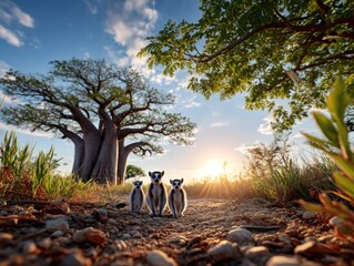 Lemurs at sunset by baobab (1)