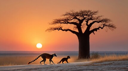 Lemurs at sunset by baobab (2)