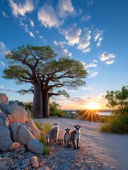 Lemurs at sunset by baobab tree