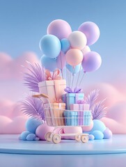 Pastel gifts and balloons in a cart
