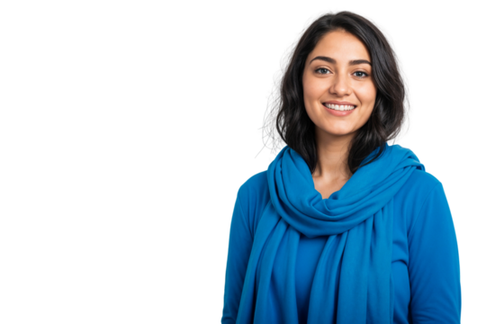 Portrait of a beautiful Arab woman smiling confidently, isolated on transparent background