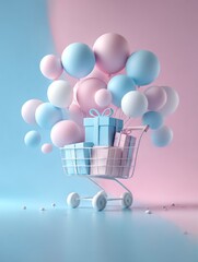 Pastel shopping cart with balloons and gifts