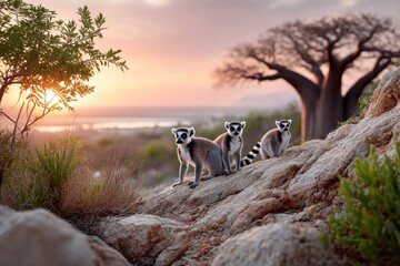 Lemurs at sunset
