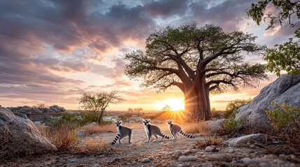 Lemurs at sunset near baobab