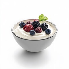A bowl of Greek yogurt on a white background, high-resolution photography, 