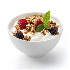 A bowl of Greek yogurt on a white background, high-resolution photography, 