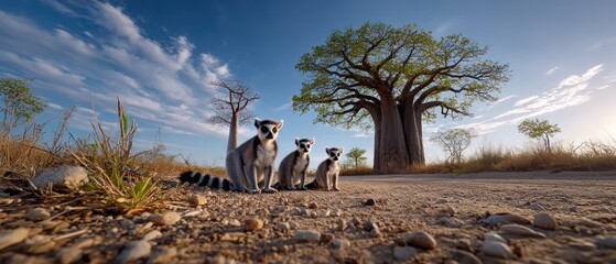 Lemurs beneath a baobab tree