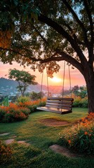 Peaceful garden swing at sunset