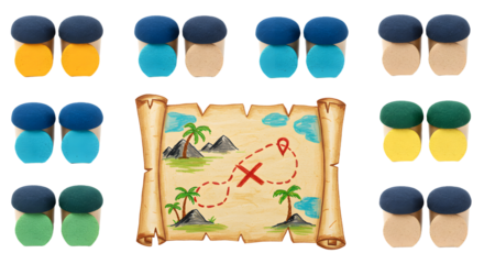 A colorful arrangement of round and oval shapes surrounding a treasure map, depicting an adventure theme with palm trees and mountains