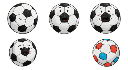 A playful collection of cartoon soccer balls with various facial expressions, set against a simple background, ideal for sports-themed designs