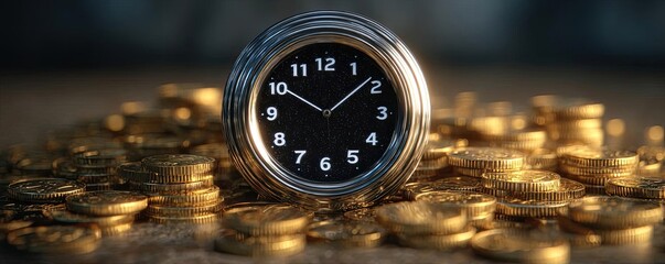 Hourly earnings and minimum standard with wage concerns concept. Clock surrounded by gold coins indicating time and wealth.