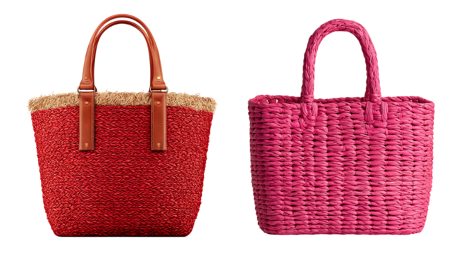 Two stylish tote bags, red textured and pink woven.