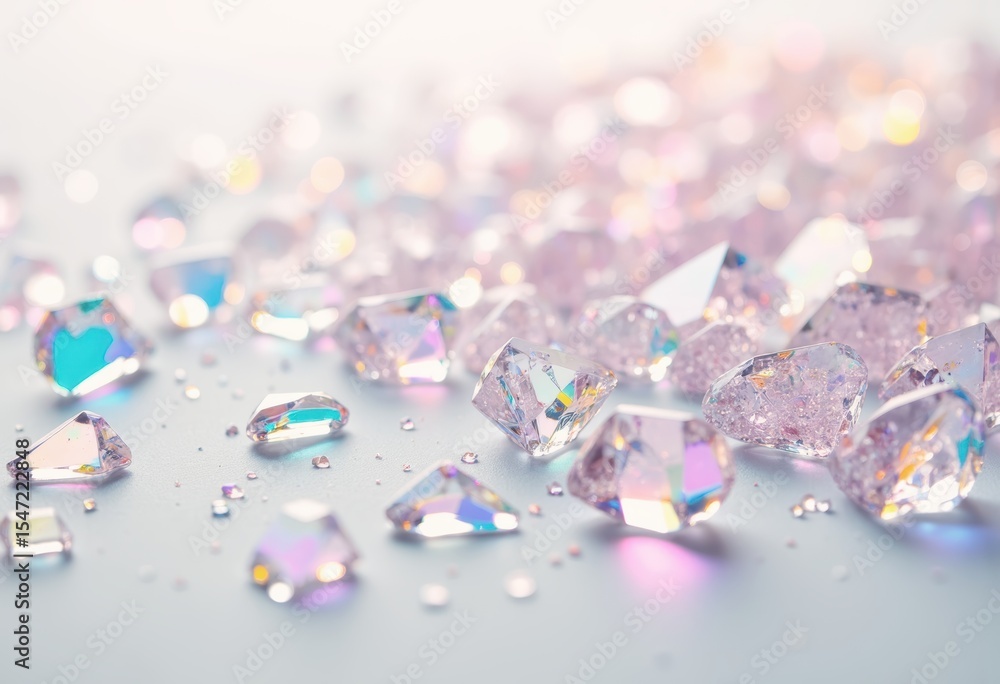 Poster iridescent shards scattered on a clean white surface, creating a sparkling effect